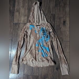 Rock & Roll Cowgirl Hooded Henley Shirt Large Beige & Turquoise Rhinestones